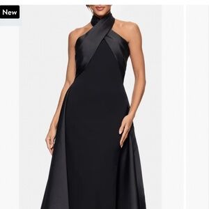 Betsy & Adam Black Satin Halter Wedding Evening Gown